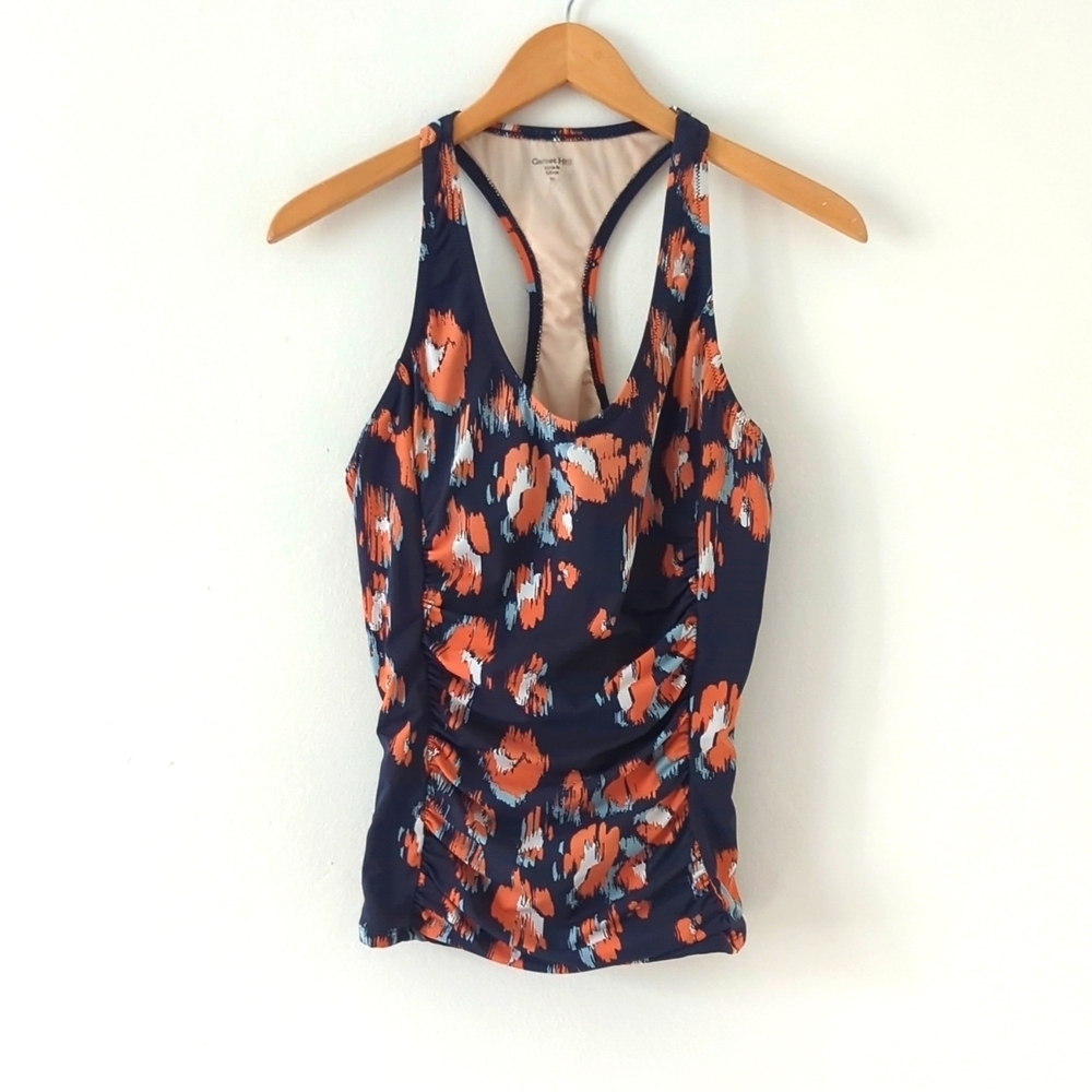 Garnet Hill Tankini Ruched Racerback Top Navy Blue Orange Turquoise size 10